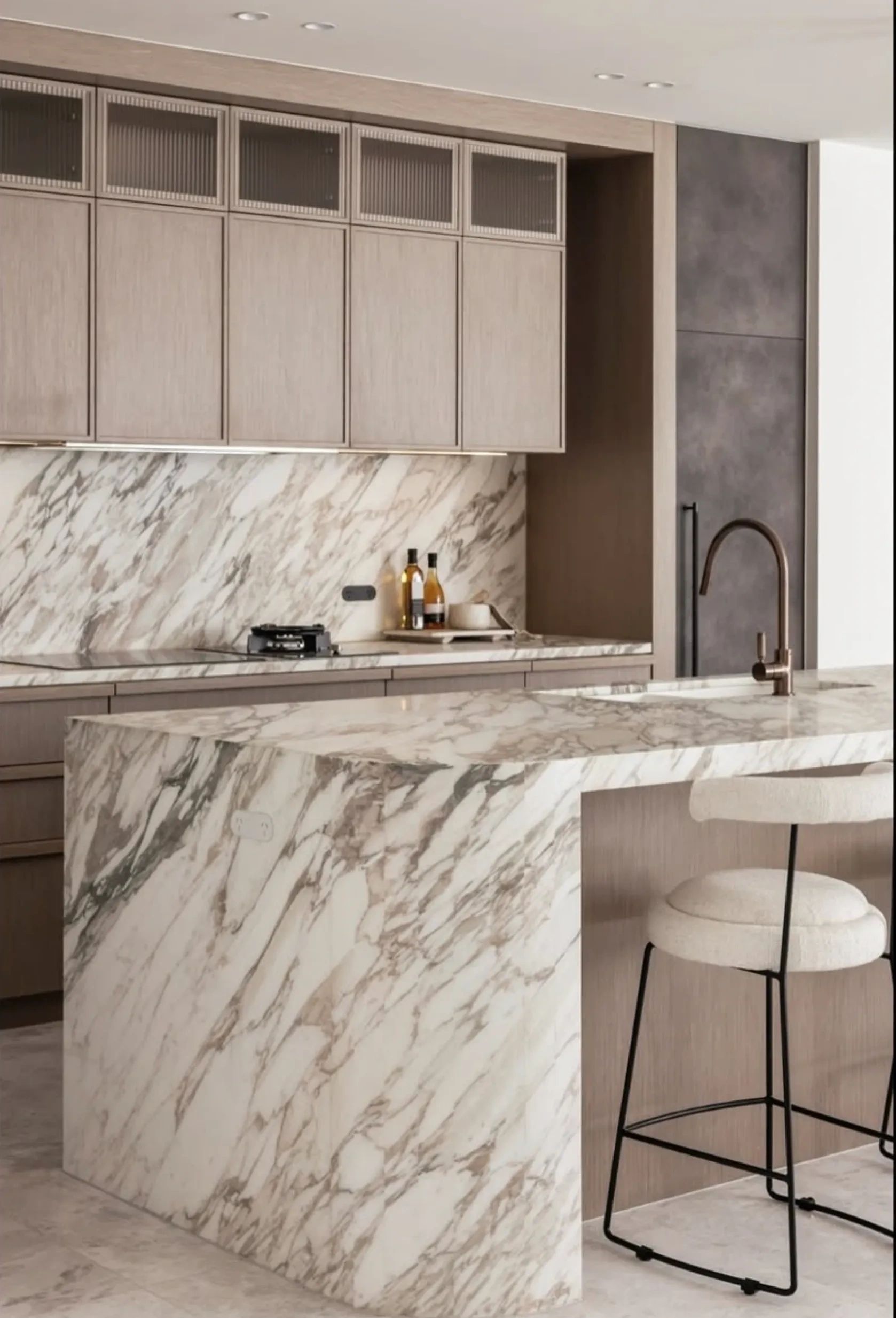 Modern kitchen marble island light wood cabinetry